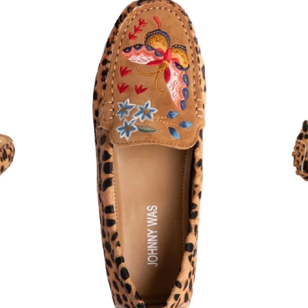 Johnny Was Leopard Print Loafers with Colorful Embroidery